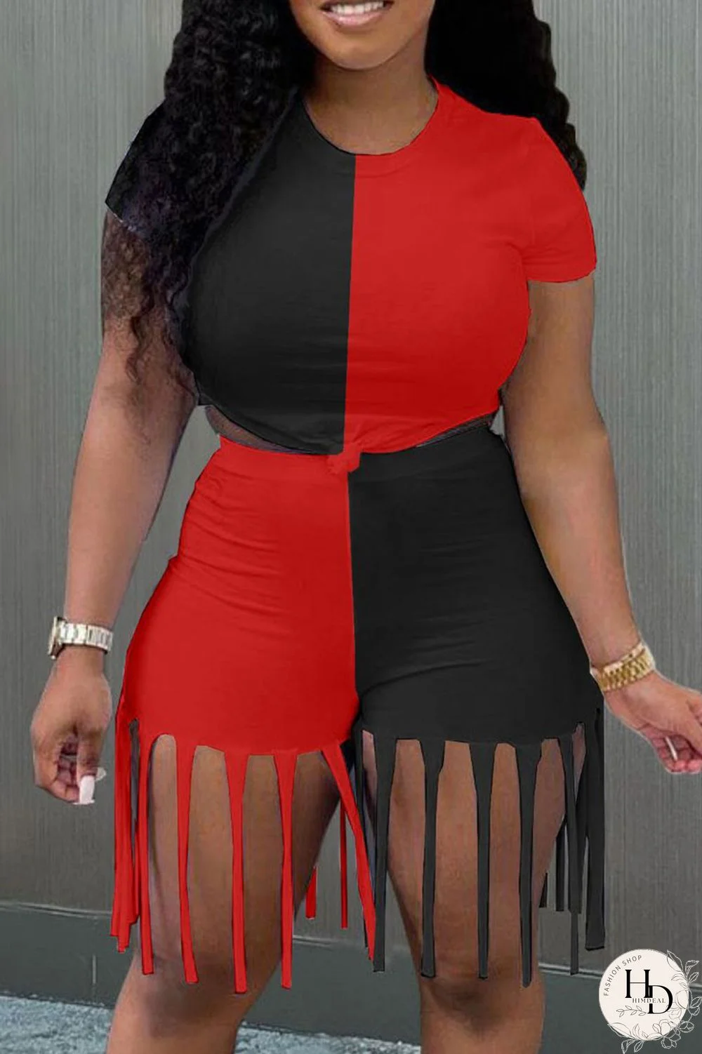 Yellow Blue Fashion Casual Patchwork Tassel O Neck Short Sleeve Two Pieces