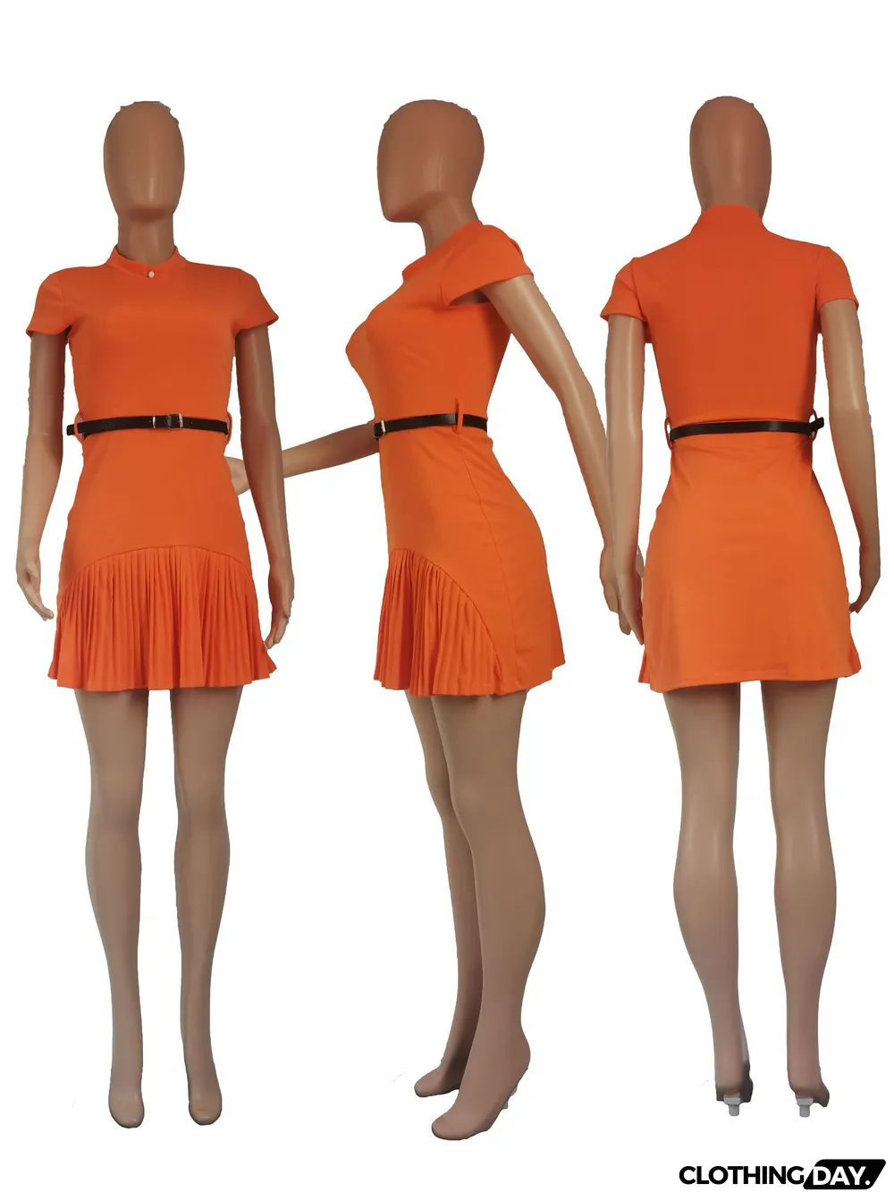 Sexy Short Sleeve Pleated Mini Dress With Belt