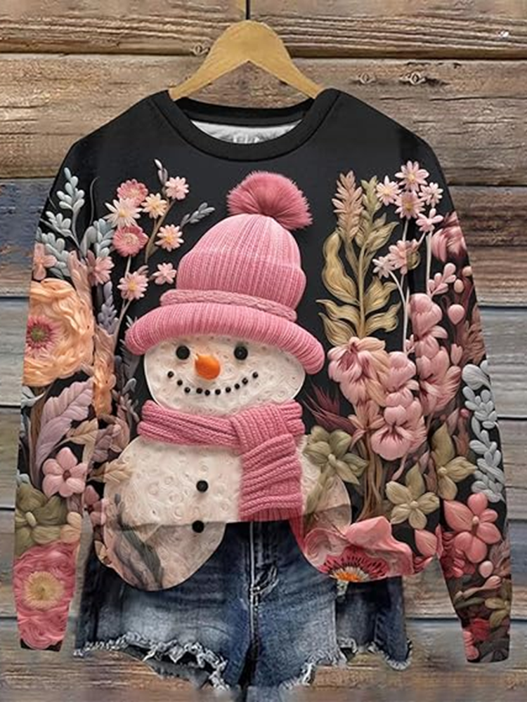 Comstylish Women's Christmas Snowman Art Print Crew Neck Embroidered Casual Sweatshirt