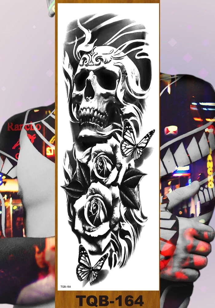 Full Flower Arm Temporary Tattoo Sticker Man Woman Body Leg Fake Tatoo Skull Night Demon Grim Reaper Good and Evil Waterproof