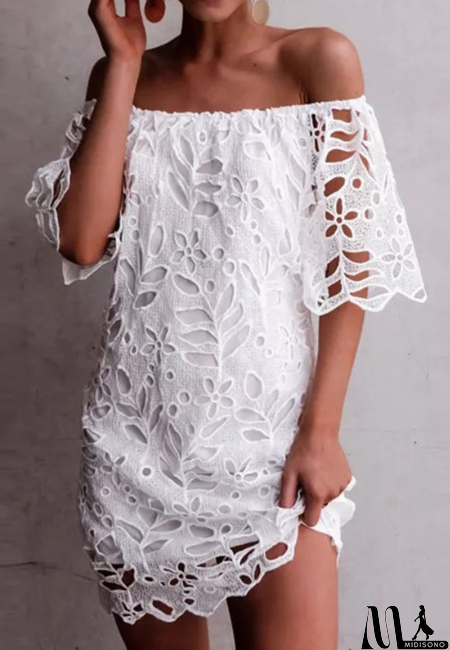 MidiSono - Solid Color Lace Fashion Short Sleeve Dress