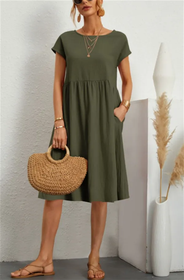 Women Cap Sleeve Pocket Midi Dress Round Neck Loose Casual Cotton Linen Summer Vacation Dress