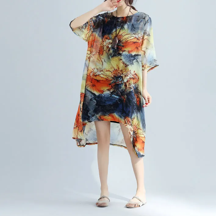 fashion prints chiffon shift dresses oversize o neck maxi dress 2018 low high design midi dress
