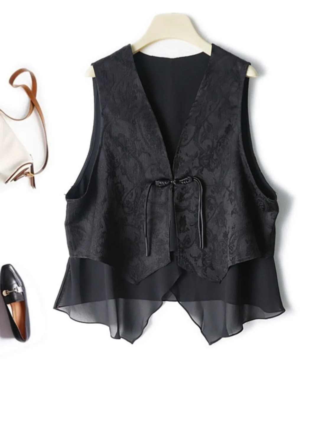 Ueong Chinese Style Jacquard Spliced Chiffon Horse Clip Loose Version Of Large Size Women's Ridge Shoulder Waistcoat Thin In Spring And Summer