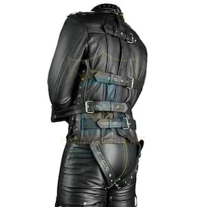 pornhint Pornhint Real Leather Heavy Duty Genuine leather bondage jacket suspension Jacket BDSM with hood strong belts, D Harness jacket with mask