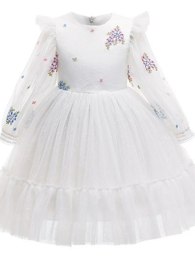 Hellodresses Ball Gown Long Sleeve Jewel Neck Flower Girl Dresses Tulle With Pattern  Print