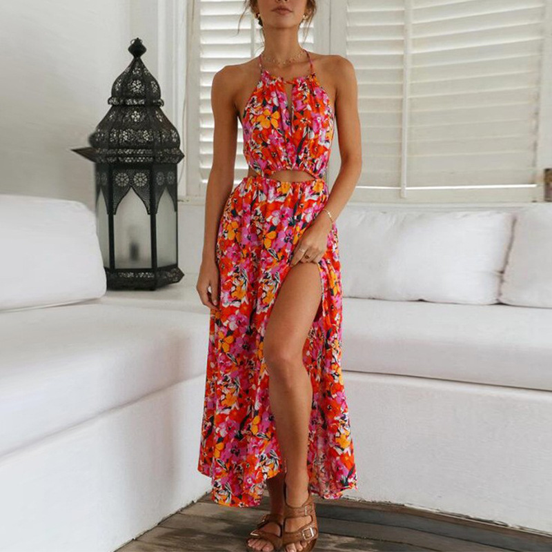 Women's Fashion Boho Print Sleeveless Cutout Sling Casual Maxi Dress