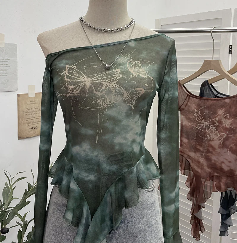 Brownm Millennial Y2k Babes Oblique Shoulder Thin Mesh Print Top Irregular Lotus Leaf Side Ribbon Short T-Shirt 6608