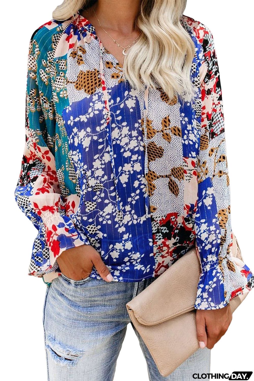 Multicolor Split Neck Printed Blouse