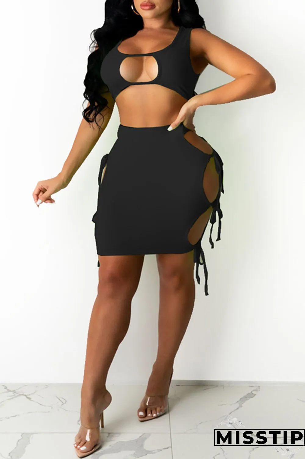 Orange Fashion Sexy Solid Hollowed Out Strap Design U Neck Sleeveless Two Pieces