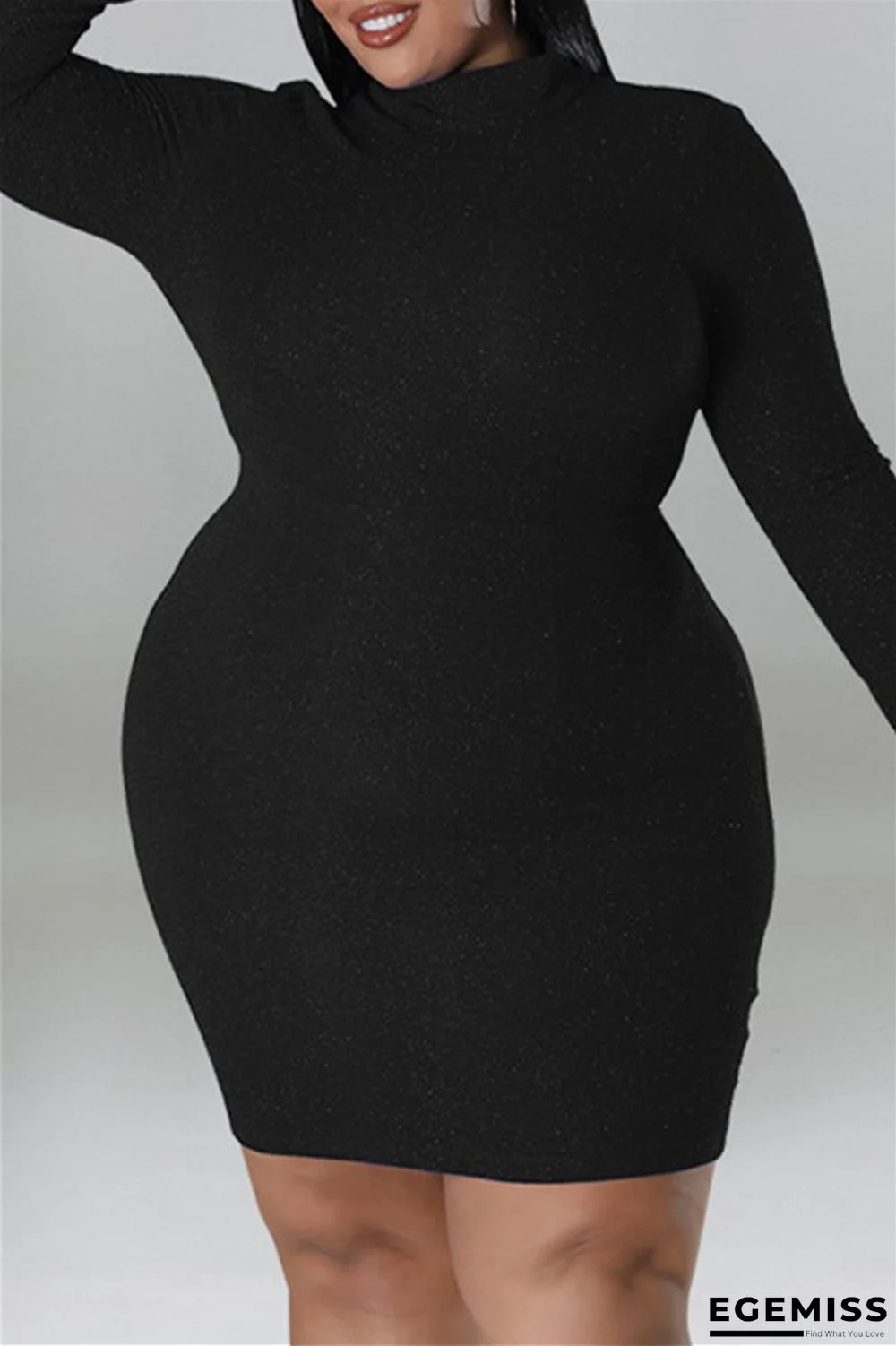 Black Casual Solid Backless Turtleneck Long Sleeve Plus Size Dresses | EGEMISS