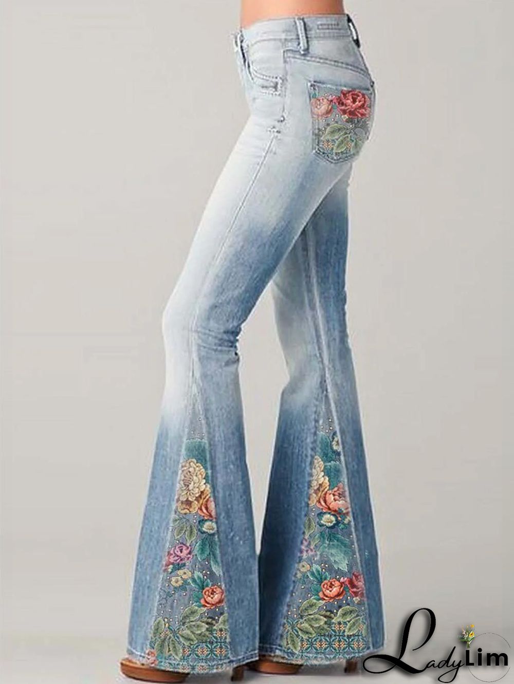 Denim Casual Floral Pattern Pocket Flare Leg Pants