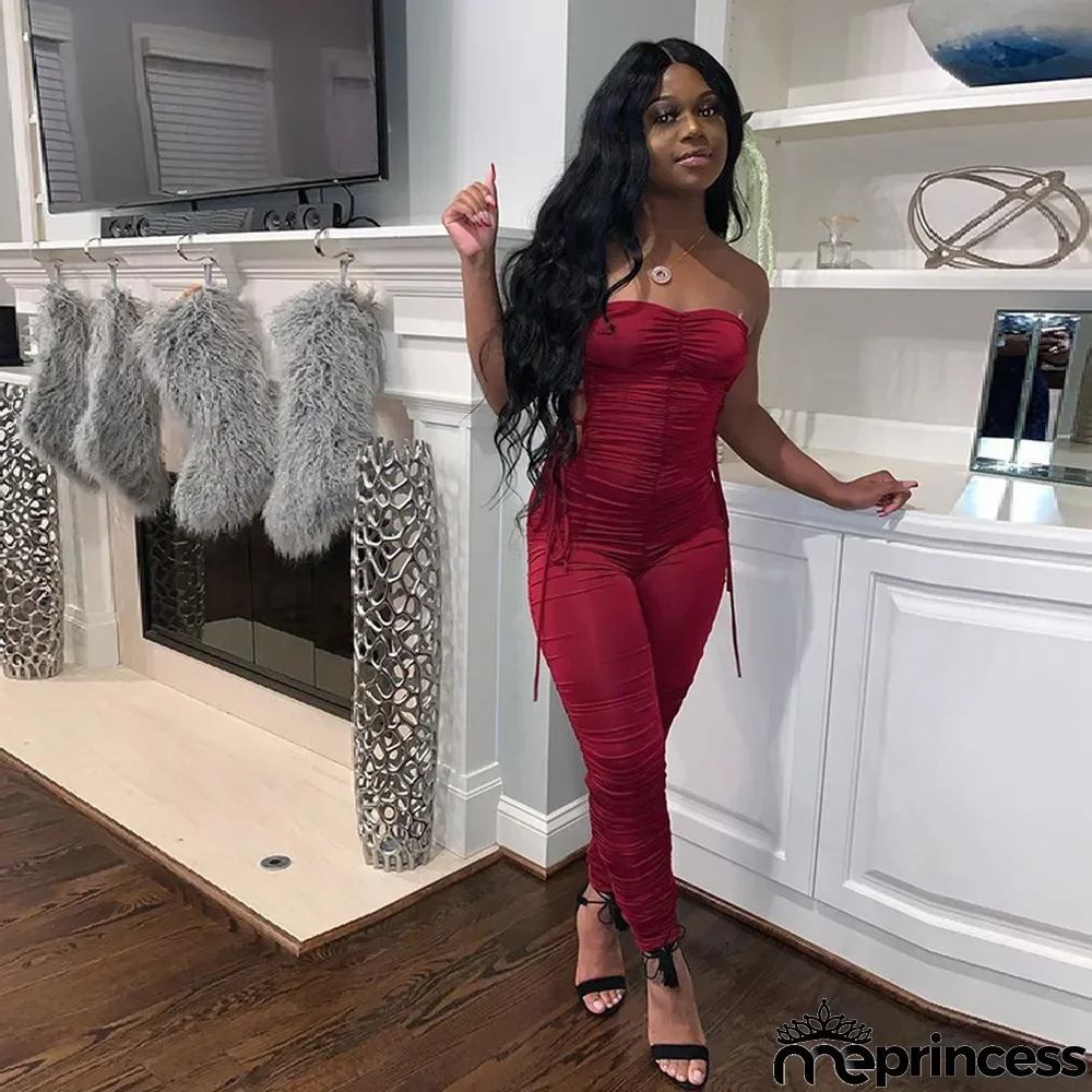 Sexy Lace Up Ruched Tight Tube Jumpsuits