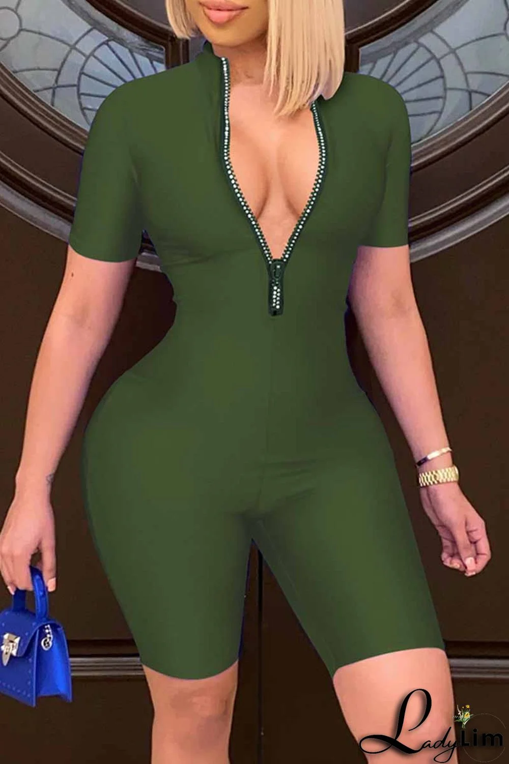 Royal Blue Fashion Casual Solid Basic Zipper Collar Skinny Romper