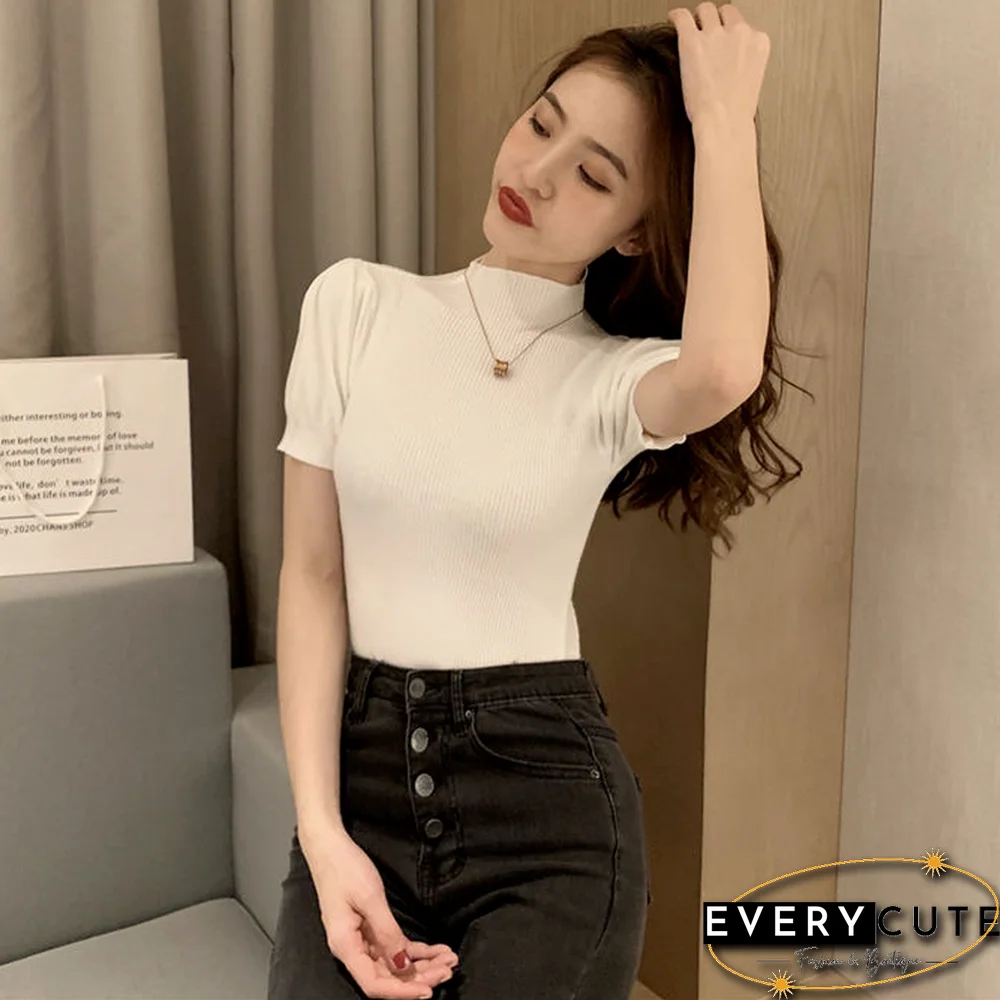 T-Shirts Women Temperament Fashion Summer Solid Simple College Skinny Chic Sexy Female Crops Harajuku All-Match Mujer Knitted