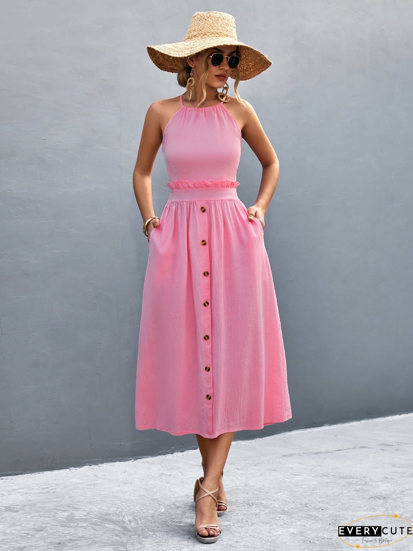 Buttoned Halter Neck Frill Trim Midi Dress