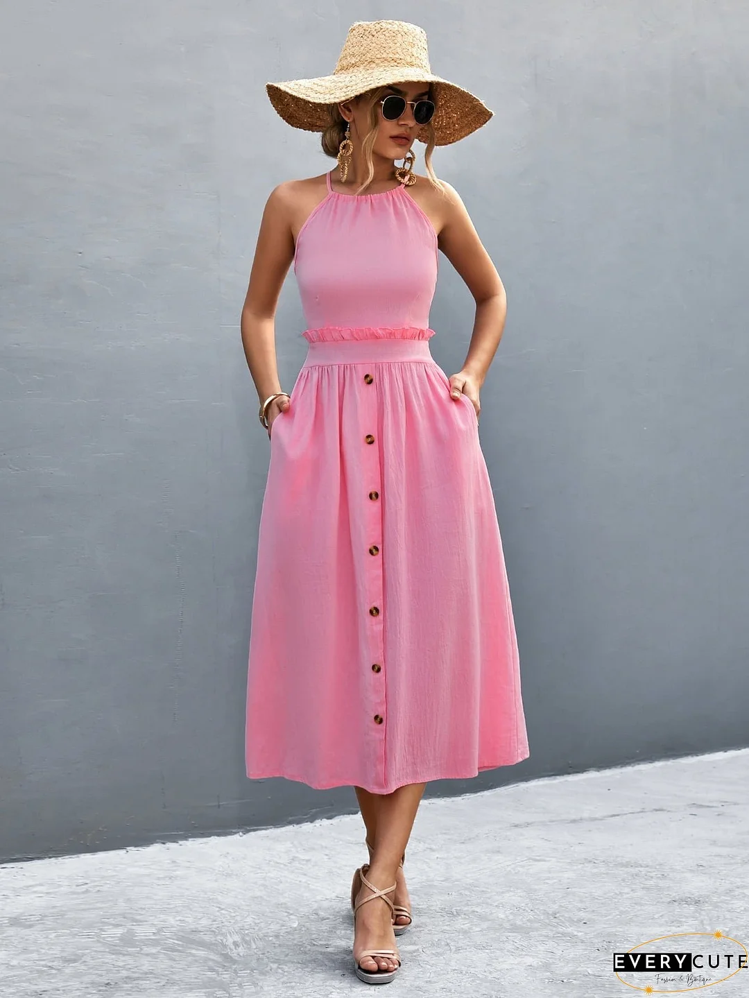Buttoned Halter Neck Frill Trim Midi Dress
