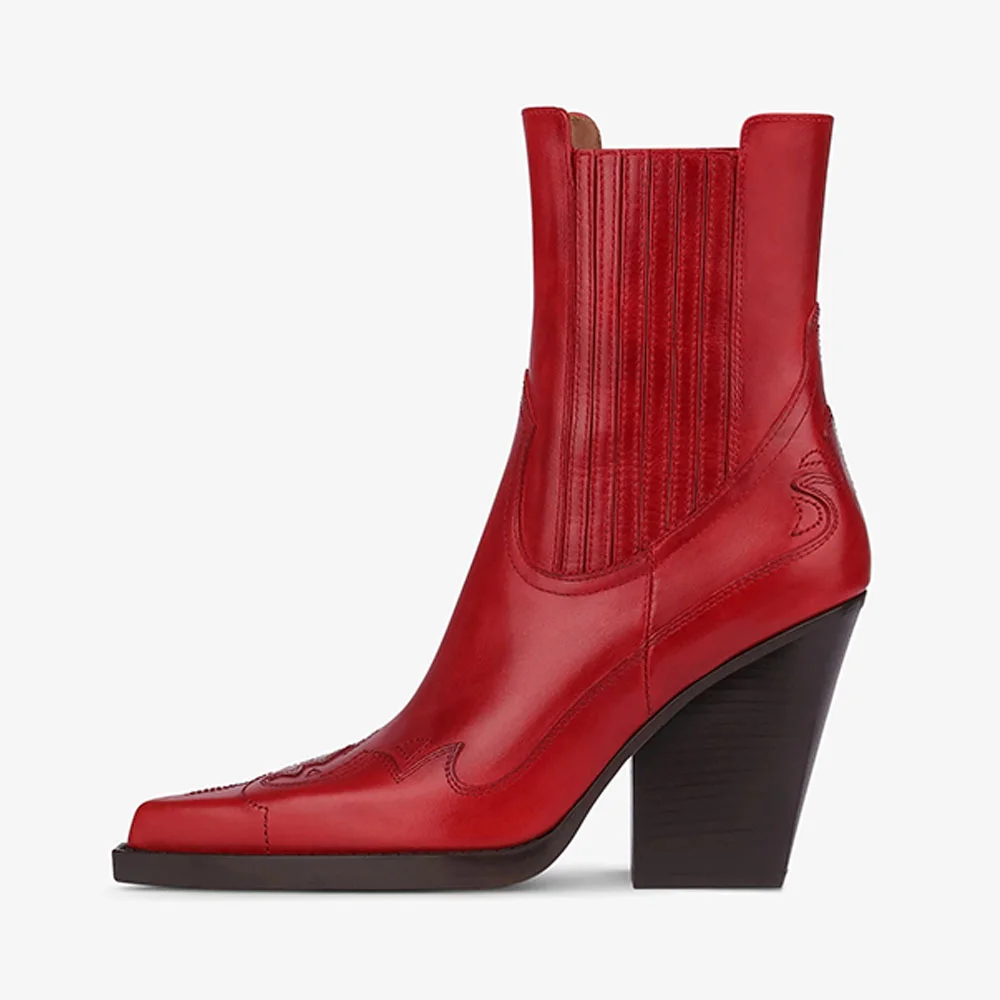 Women's Red Embroidered Pointed Toe High Heel Cool Chelsea Boots