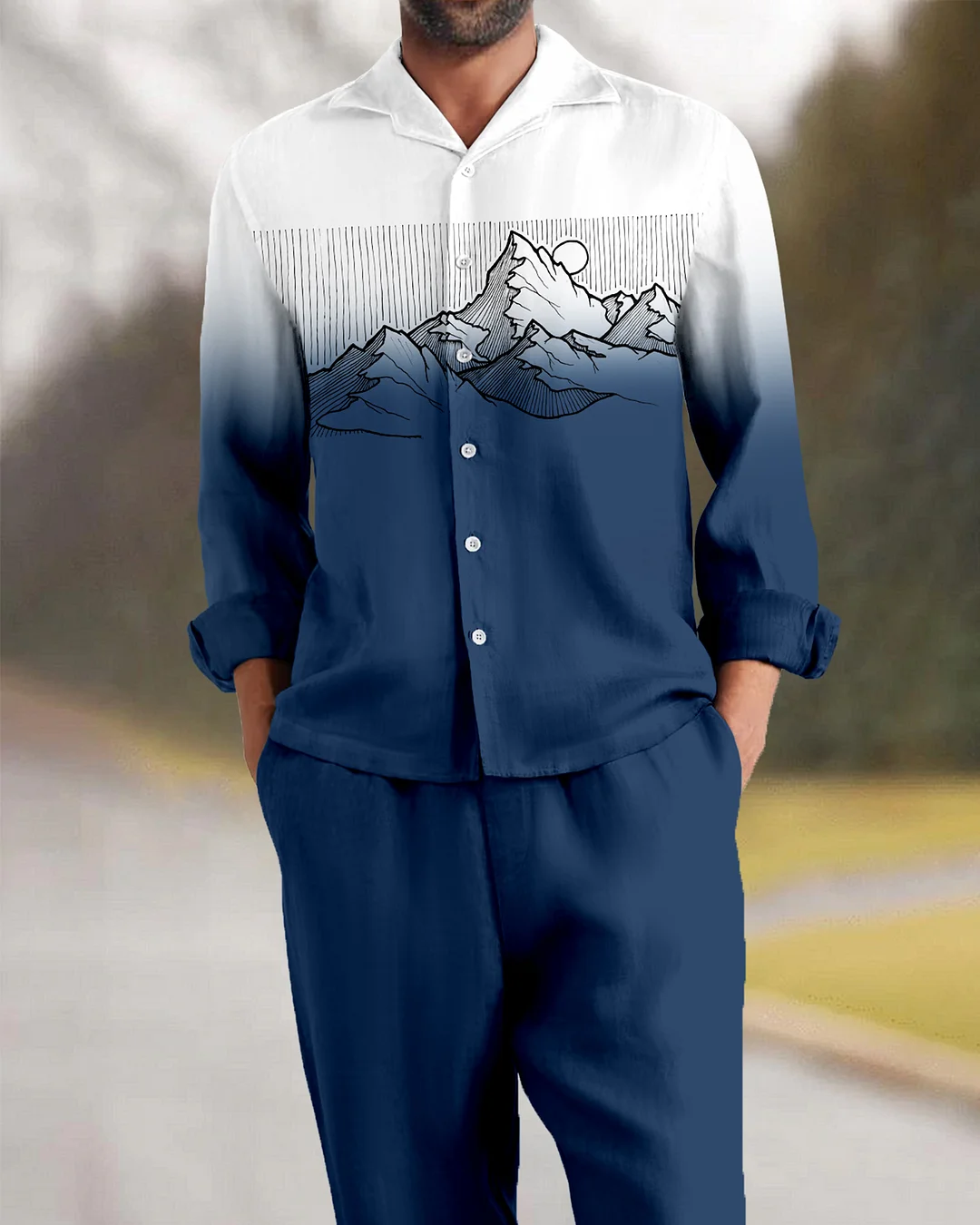 Suitmens Men's Retro Gradient Line Mountain Long Sleeve Walking Suits-0128