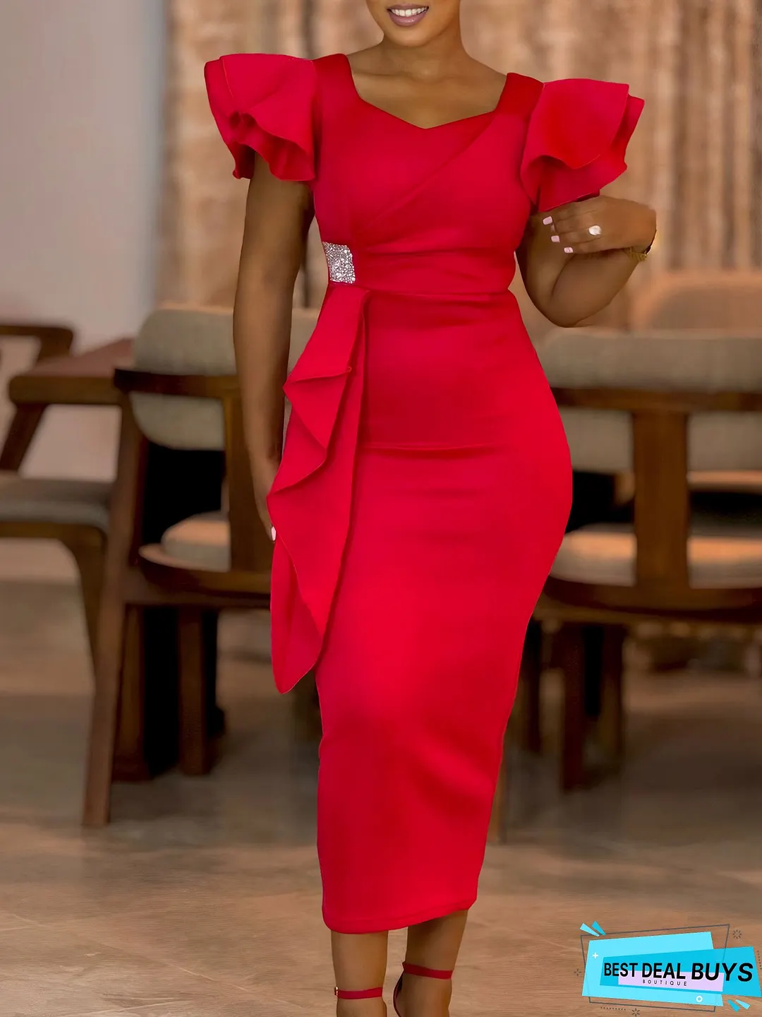 Elegant V Neck Peplum Top & Ruffle Skirt Set