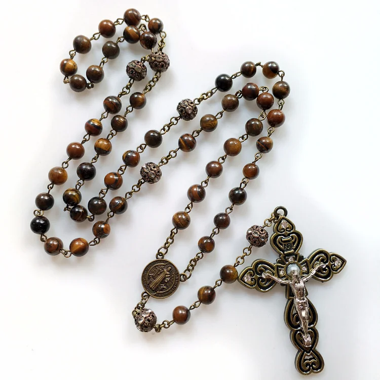 Olivenorma Grade A Tiger Eye Cross Pendant Rosary Necklace
