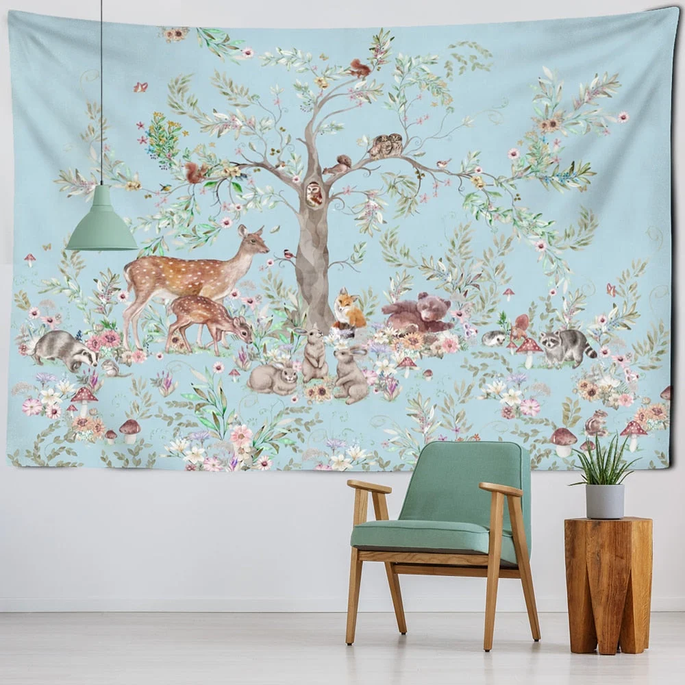Animal Forest Illustration Tapestry Wall Hanging Bohemian Style Art Witchcraft Kawaii Cartoon Dormitory Home Decor