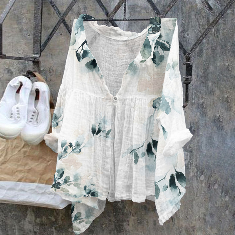 Comstylish Retro Floral Print Artistic Linen Blend Cozy Shirt