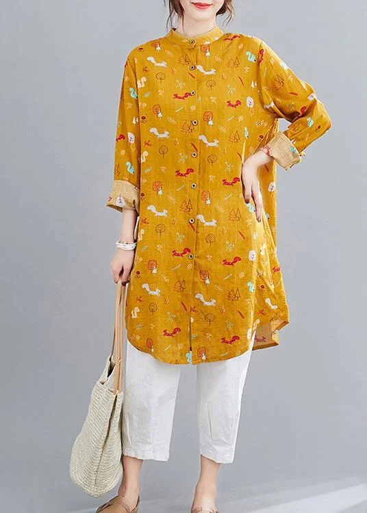 DIY Yellow Animal design Blouse Stand Collar Spring shirt