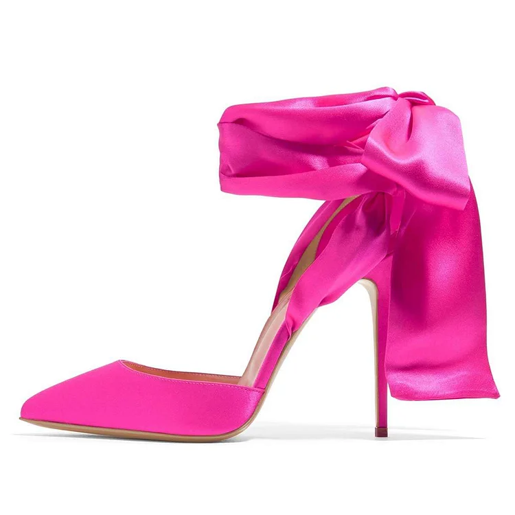 Fuchsia Satin Ankle Strap Tie Stiletto Heels Pumps |FSJ Shoes