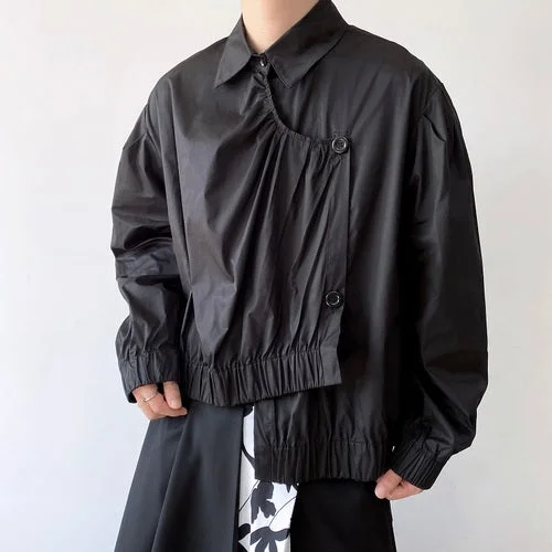 New Dark Black Irregular Hem Polo Long Sleeves-dark style-men's clothing-halloween