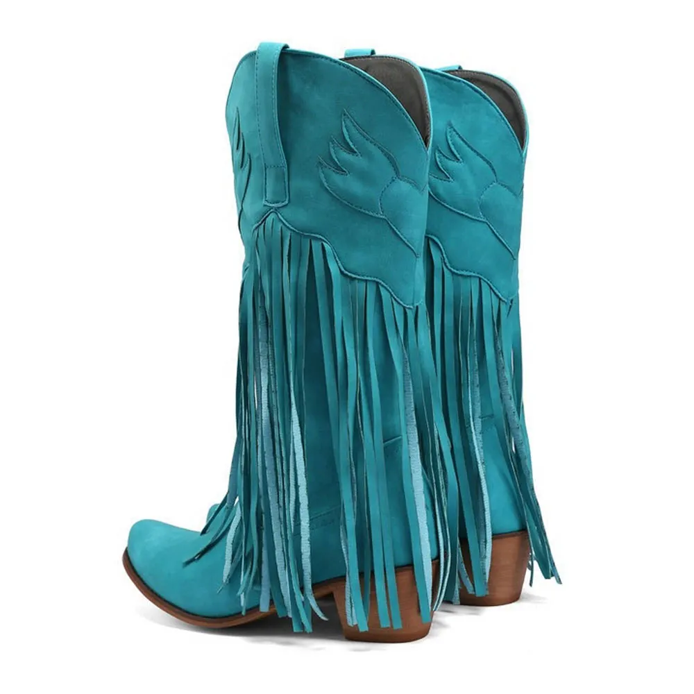 Turquoise Snip Toe Block Heel Embroidered Mid Calf Fringe Cowgirl Boots
