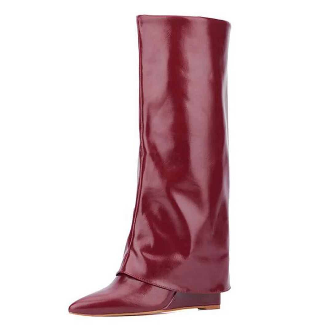 Vegan Leather Pointed Fold-Over Ladies High Heel Boots in Maroon