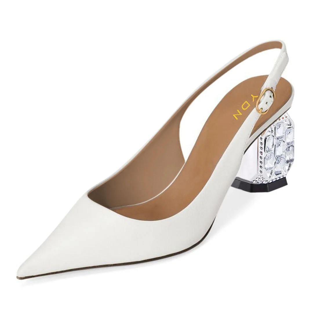 White Crystal Sculptural Heel Slingback Pumps Shoes with Pointed Toe