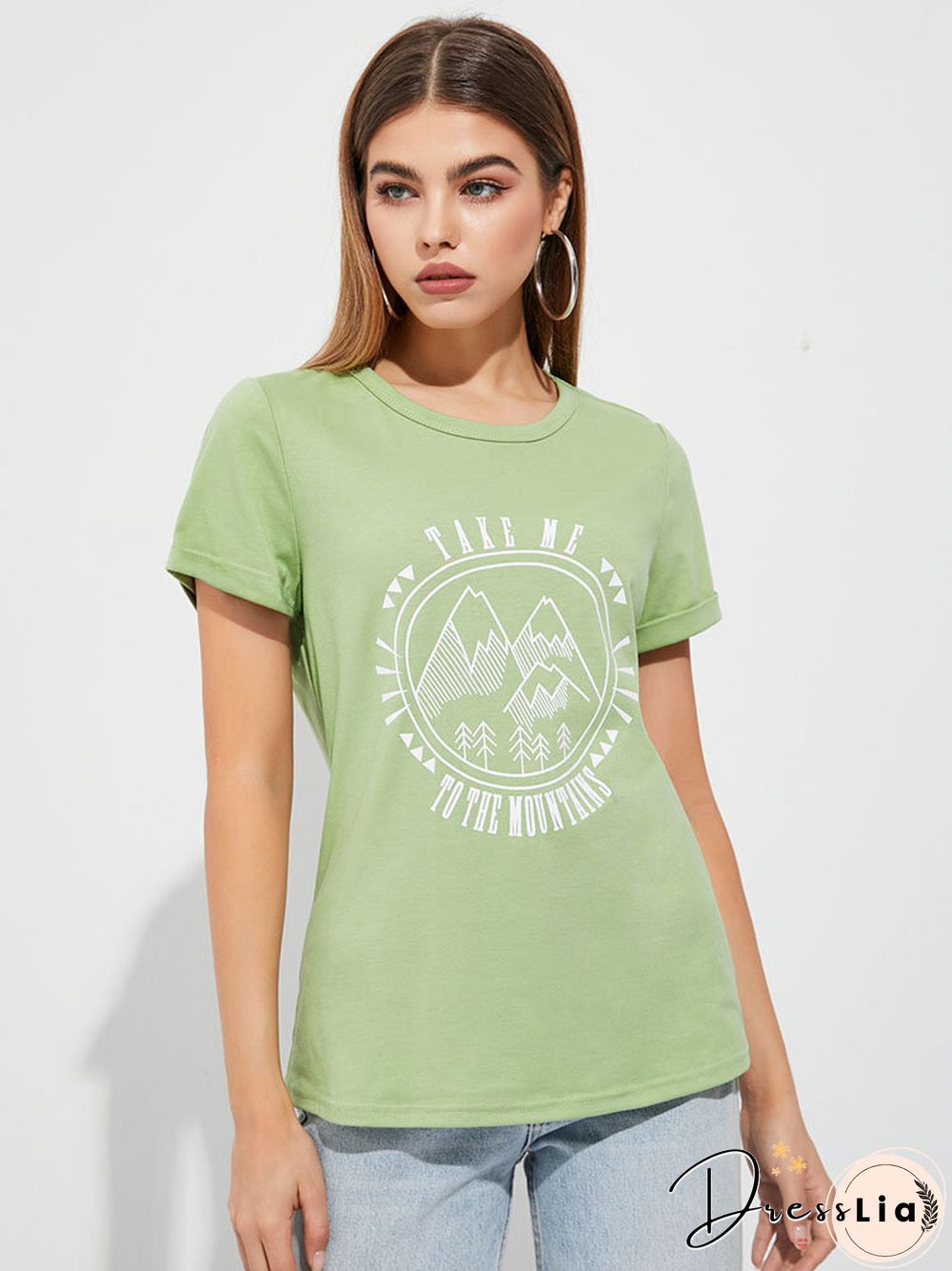 Stick Figure Landscape Print Crew Neck Short Sleeve T-shirt