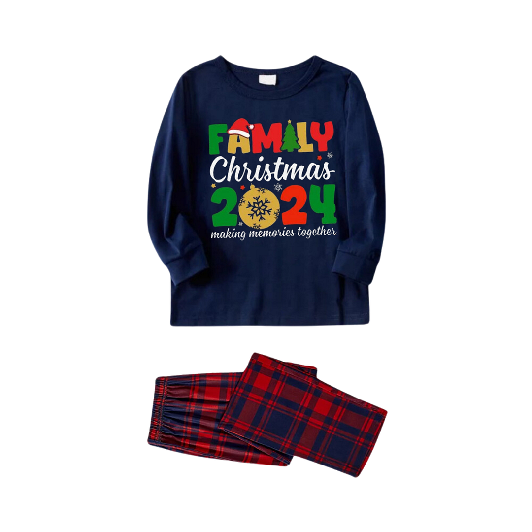 "Family Christmas 2024" Cute Text and Santa Hat Prints Blue Long Sleeves Top with Red and Blue Plaid Pants Christmas Matching Pajamas