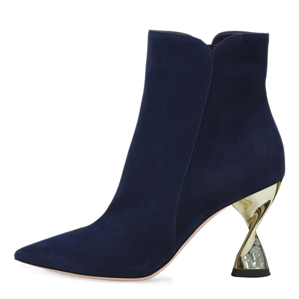 Black Faux Suede Pointed Toe Decorative Heel Ankle Boots Nicepairs