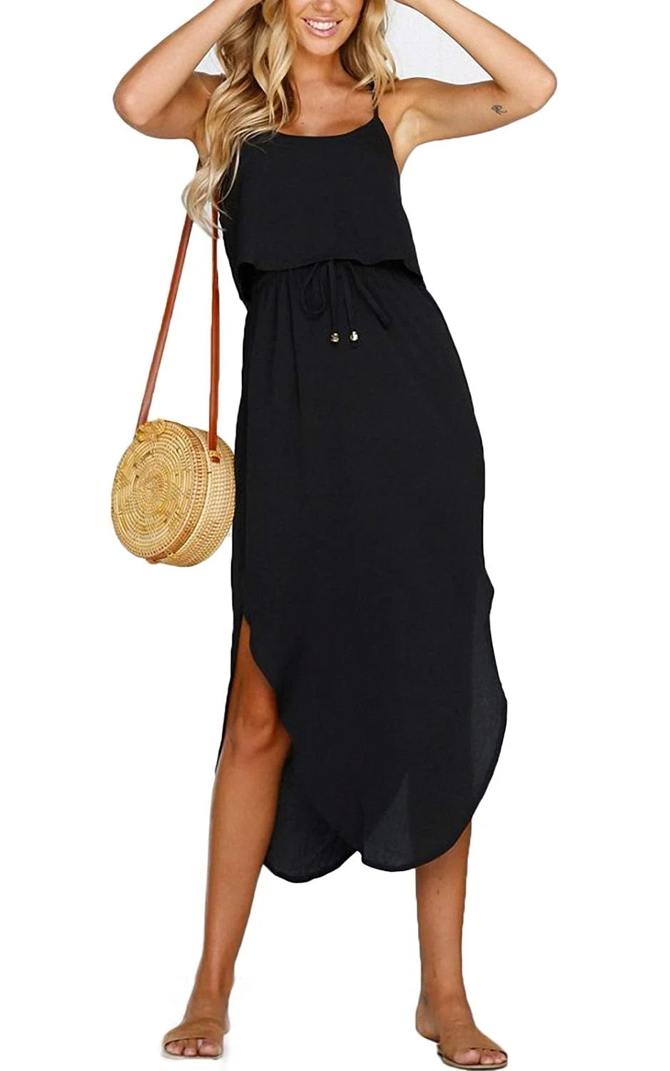 Women's Adjustable Strappy Split Summer Beach Casual Midi Dress