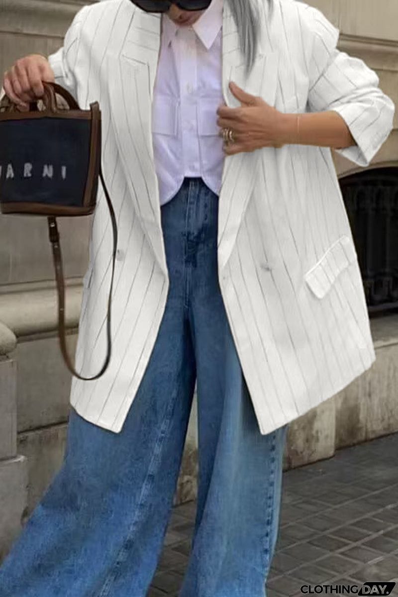 British Style Striped Buttons Turn-back Collar Outerwear