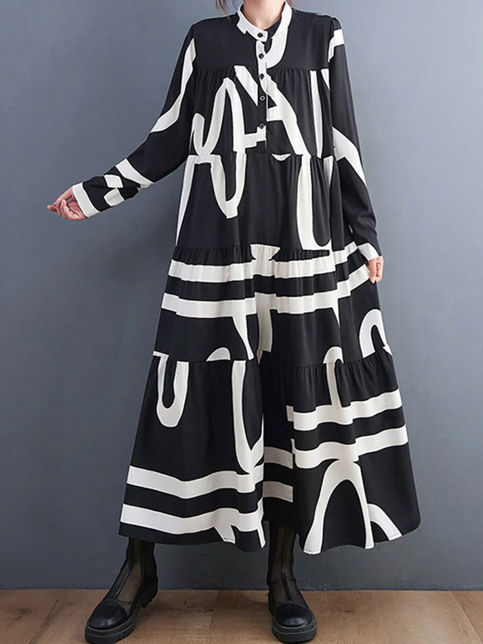 Fashion Long Sleeve Printed Midi Dress