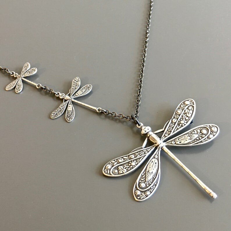 🔥Sterling Silver Vintage Carved Dragonfly Necklace✨