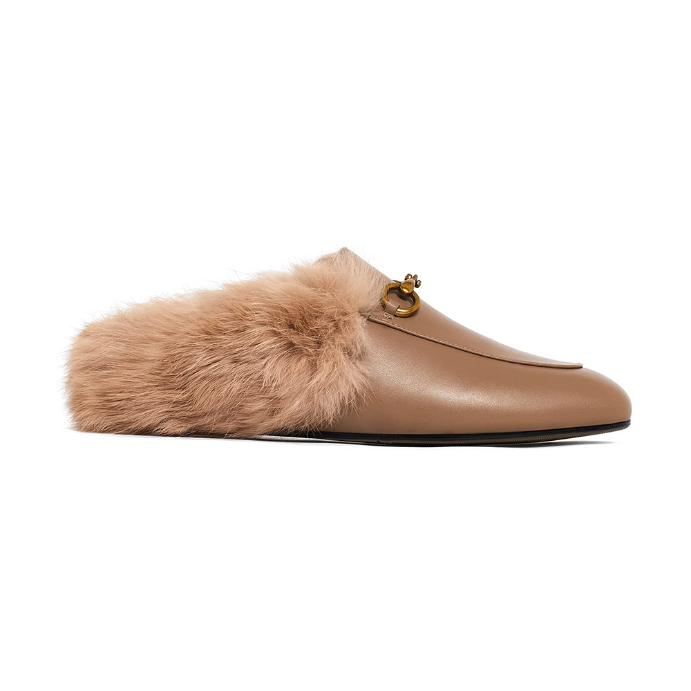 Brown Rabbit Fur Flats Mules Shoes-vocosishoes
