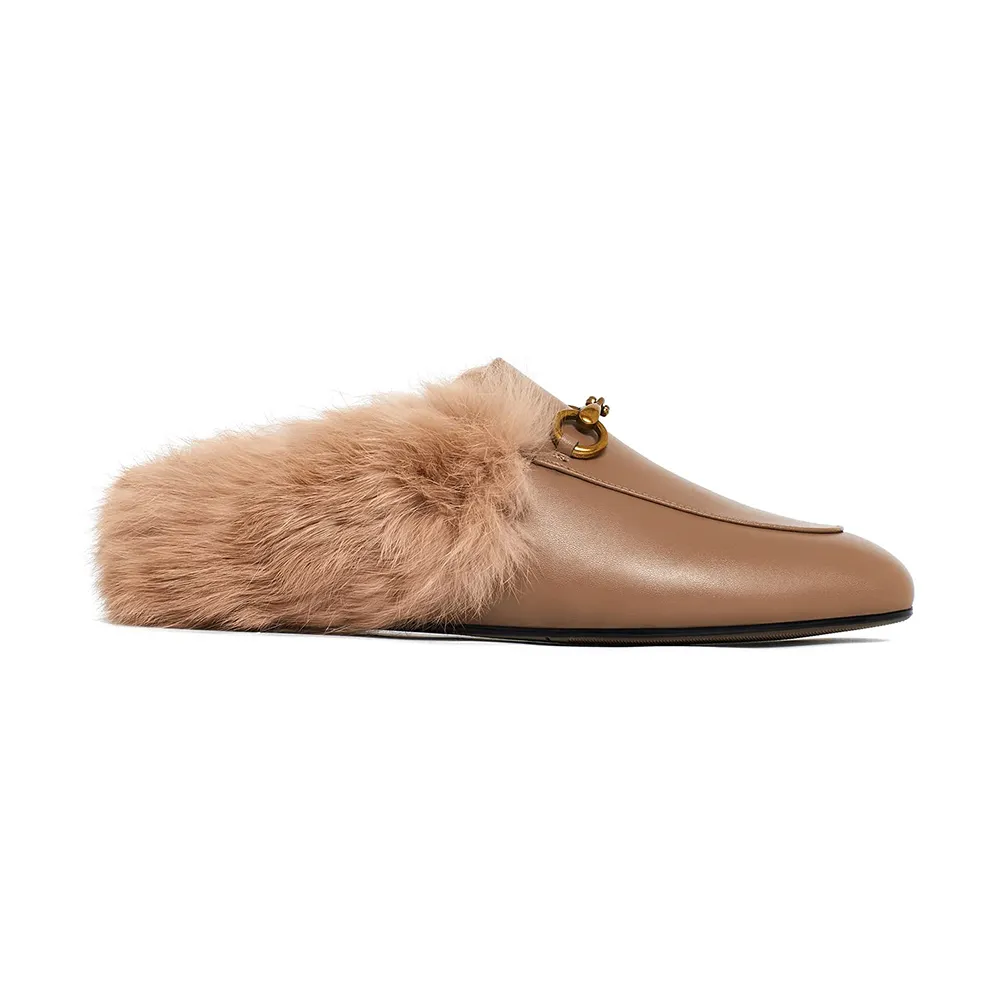 Brown Rabbit Fur Flats Mules Shoes-vocosishoes