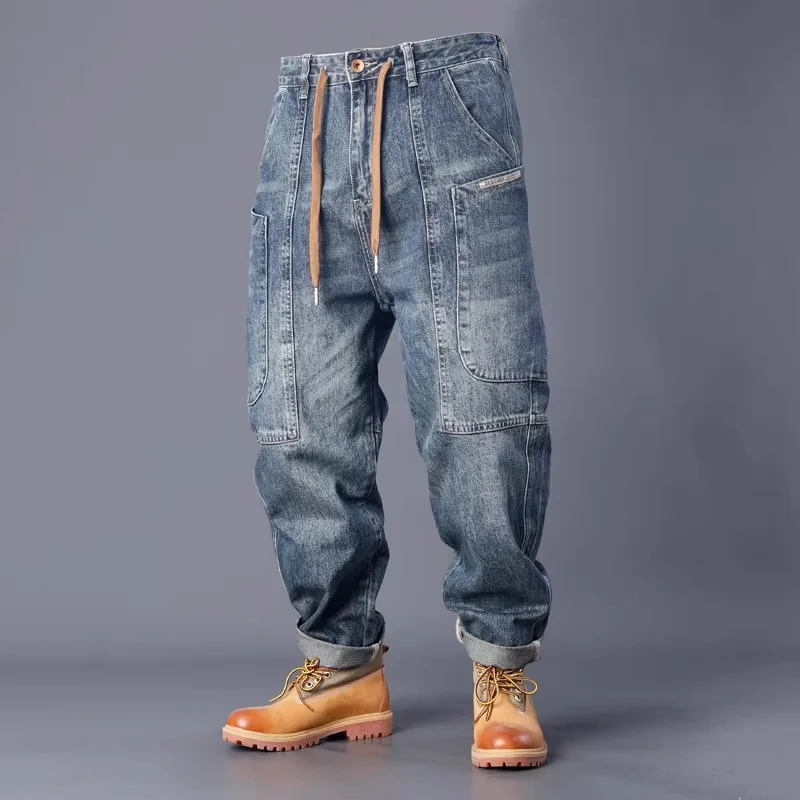 Loose Straight-leg Washed Denim Distressed Multi-pocket Cargo Jeans