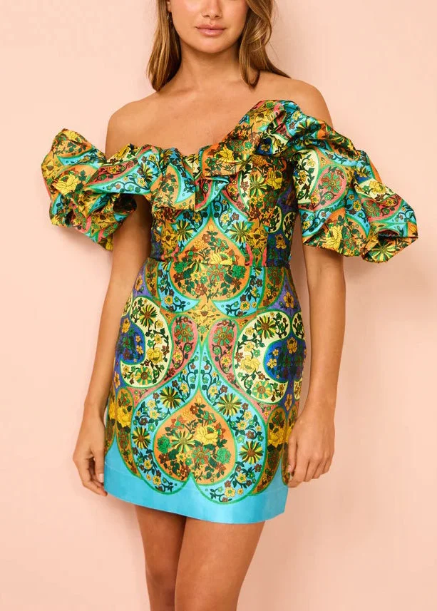 Art Green Cold Shoulder Print Silk Mid Dress Summer