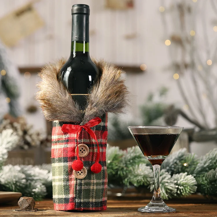 Christmas decoration dining table red wine set plush plaid clothes