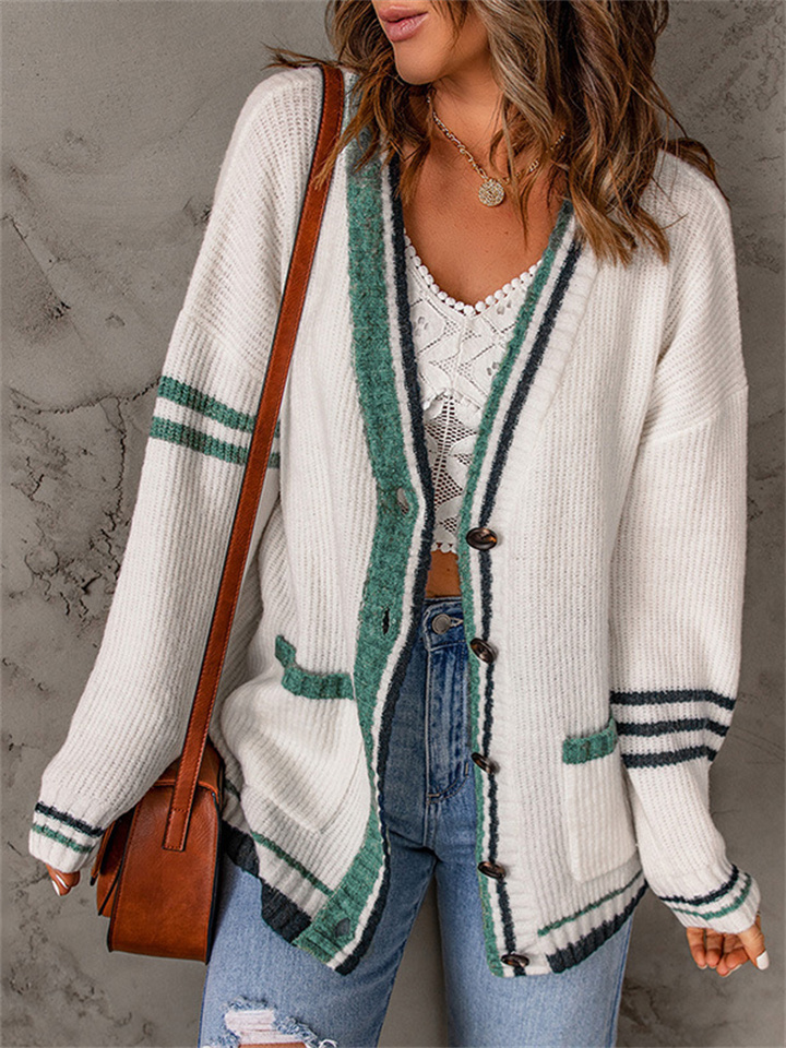 Women's Long Sleeve Color Blocking Fashion Button Cardigan Sweater