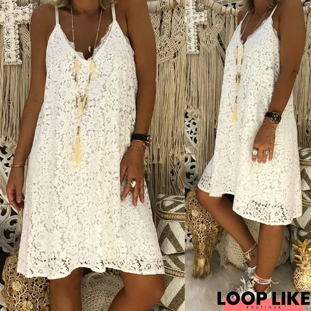 Women Large Size Solid Color Dresses Sleeveless V Neck Sling Lace Loose Dress