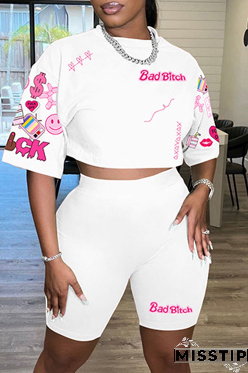 White Casual Print Basic O Neck Half Sleeve Two Pieces