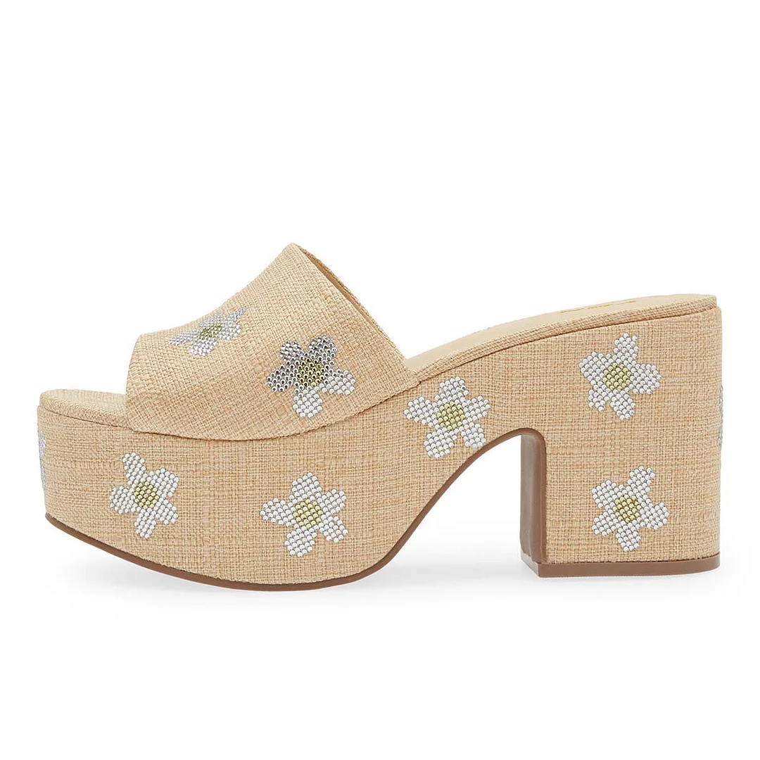 Beige Fabric Open Toe Platform Mules with Studded Flowers