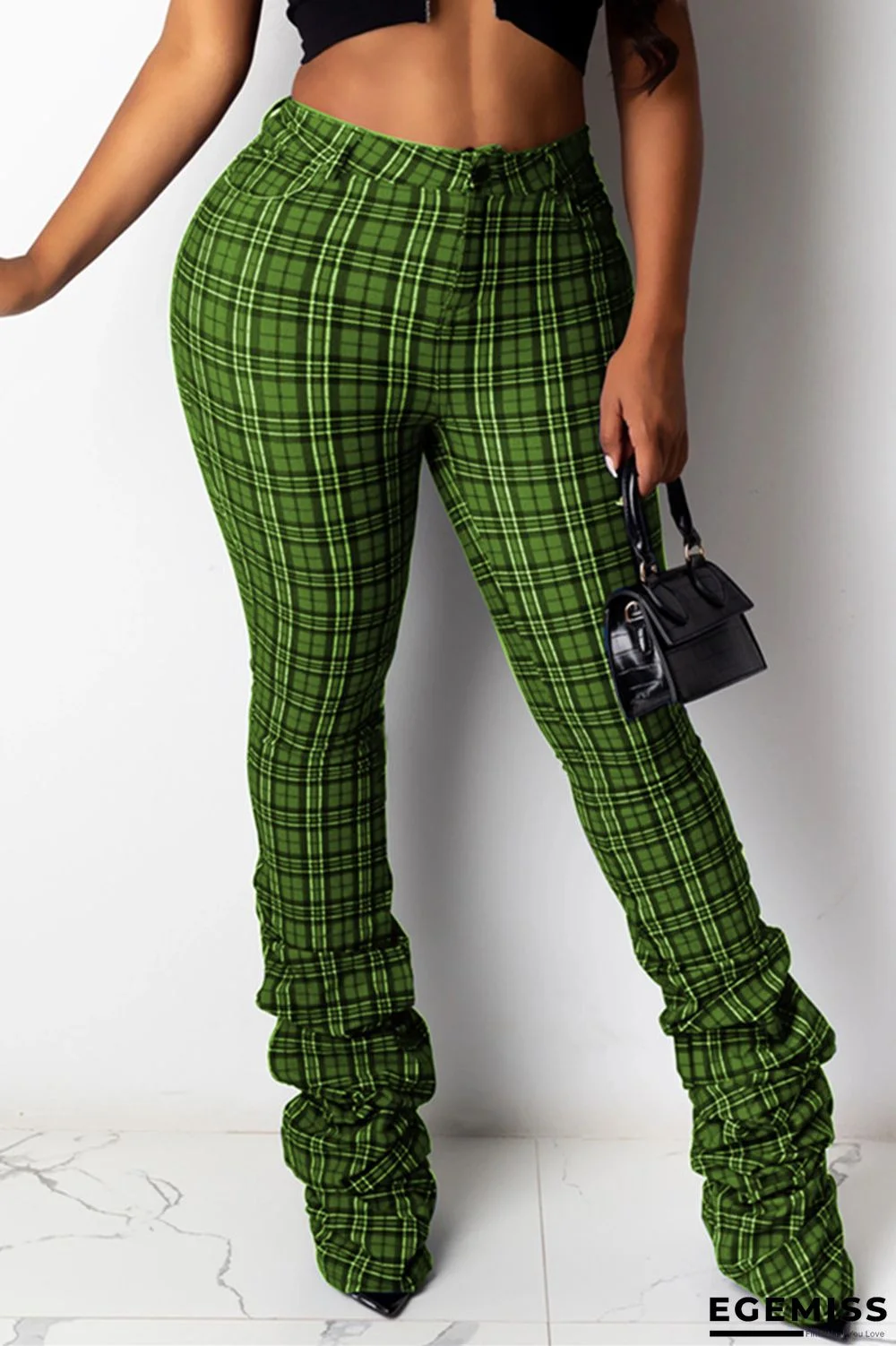 Green Fashion Casual Straight Plaid Print Trousers | EGEMISS